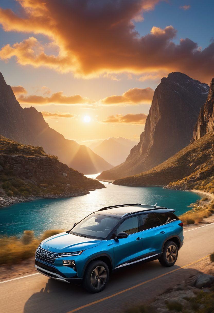 A dynamic scene featuring a sleek sailboat gracefully gliding over serene waters on one side, transitioning into a rugged SUV navigating a rocky mountain road on the other. The background transitions from azure skies above the sailboat to a dramatic sunset behind the SUV, symbolizing diverse journeys. A split-screen effect highlights the theme of tailoring coverage for different vehicles. Include safety symbols subtly integrated into the scenery. super-realistic. vibrant colors. adventurous atmosphere.