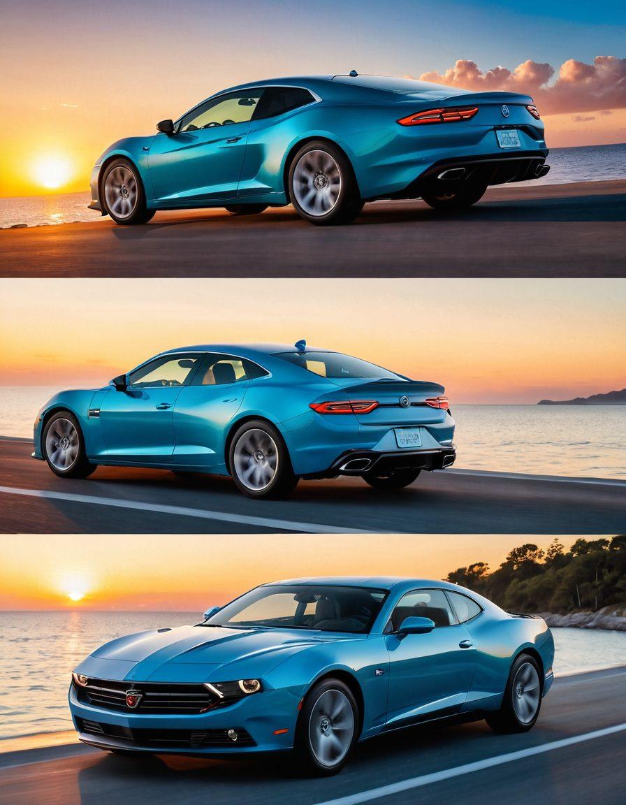 A split image showcasing the world of marine and automobile insurance. On one side, a sleek, modern boat navigating through serene blue waters, and on the other, a stylish car parked under a vibrant sunset. In the center, icons of insurance coverage like shields, lifebuoys, and checklists unify the themes. The colors should be bright and inviting, creating a sense of security and trust. super-realistic. vibrant colors. dynamic composition.