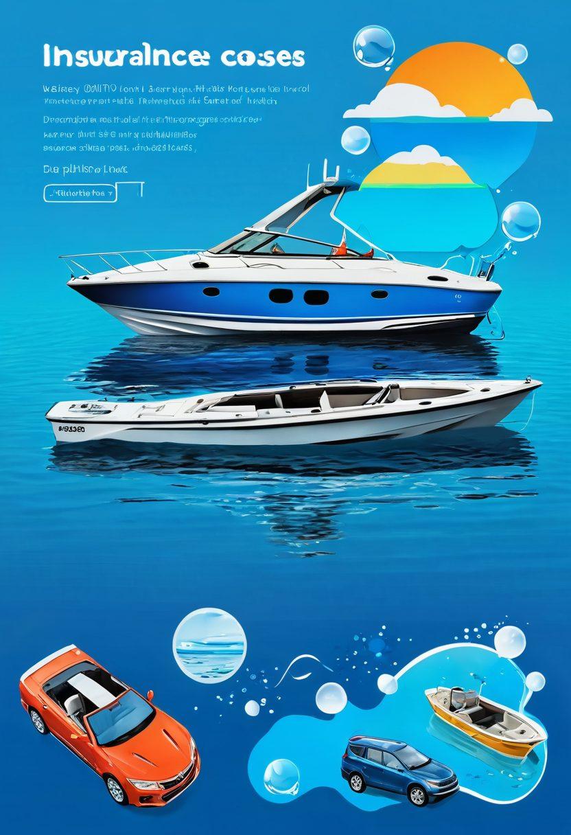 A collage featuring a sleek boat and a shiny vehicle on a vibrant blue ocean background, with floating quote bubbles displaying various insurance prices in dynamic fonts. Include a calculator and a clipboard on one side, symbolizing navigation in quotes. Show playful splashes of water to suggest activity. Bright, engaging colors for a modern look. super-realistic. vibrant colors. white background.